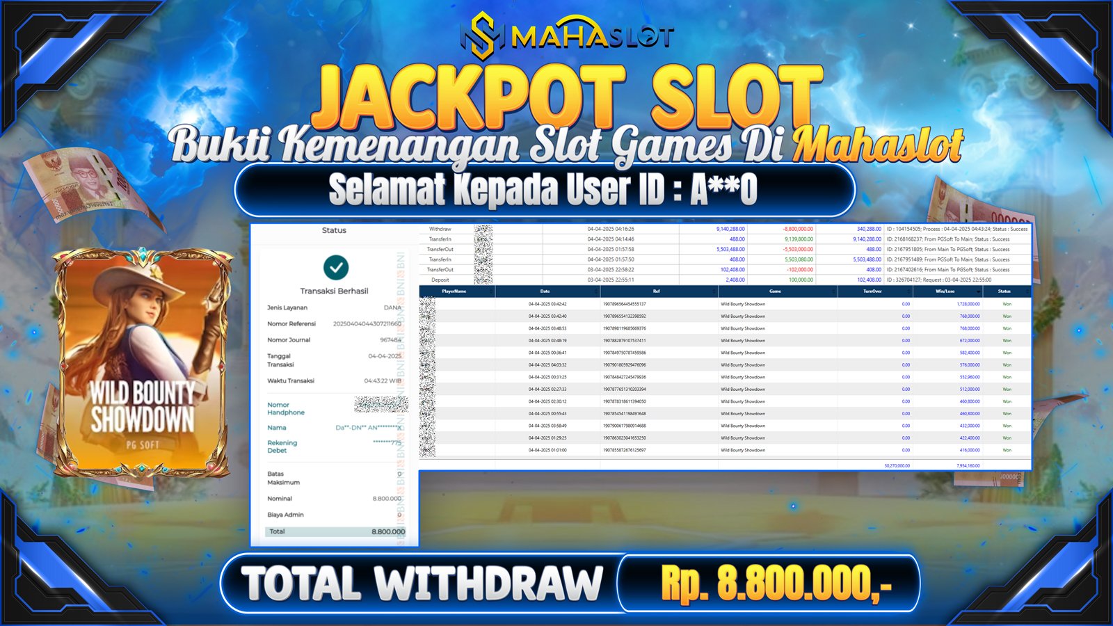 MAHASLOT JACKPOT SLOT GAMES WILD BOUNTY SHOWDOWN 1000 Rp. 8.800.000,- LUNAS