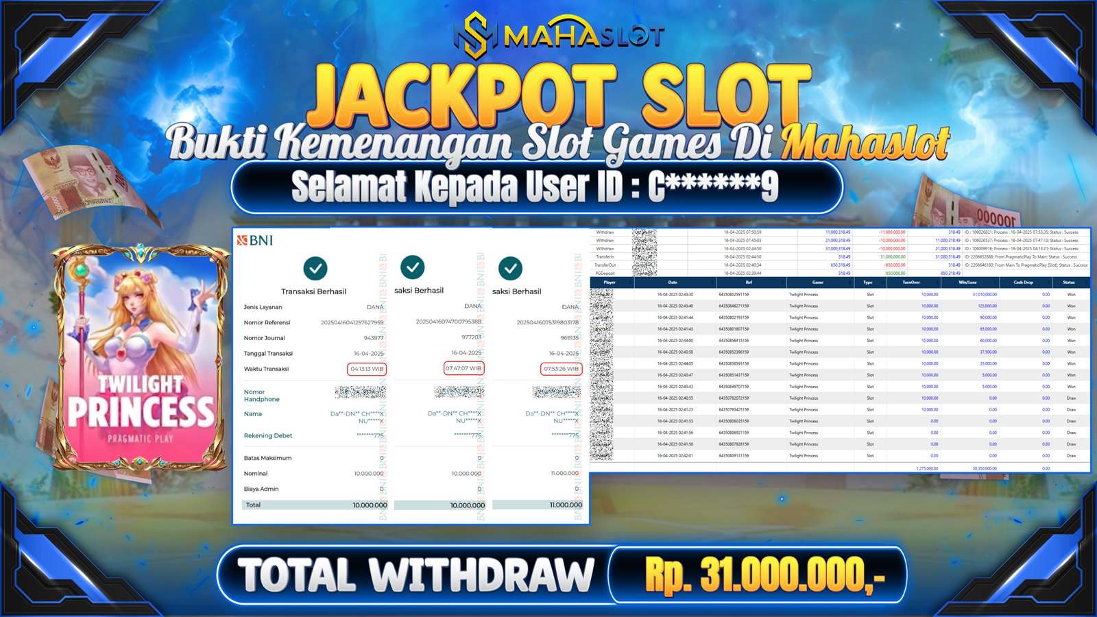 MAHASLOT JACKPOT SLOT GAMES TWILIGHT PRINCESS Rp. 31.000.000,- LUNAS