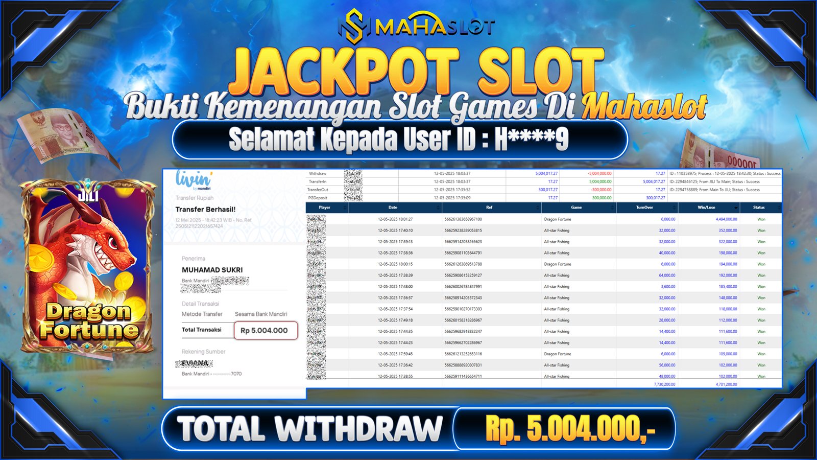 MAHASLOT JACKPOT SLOT GAMES DRAGON FORTUNE Rp. 5.004.000,- LUNAS