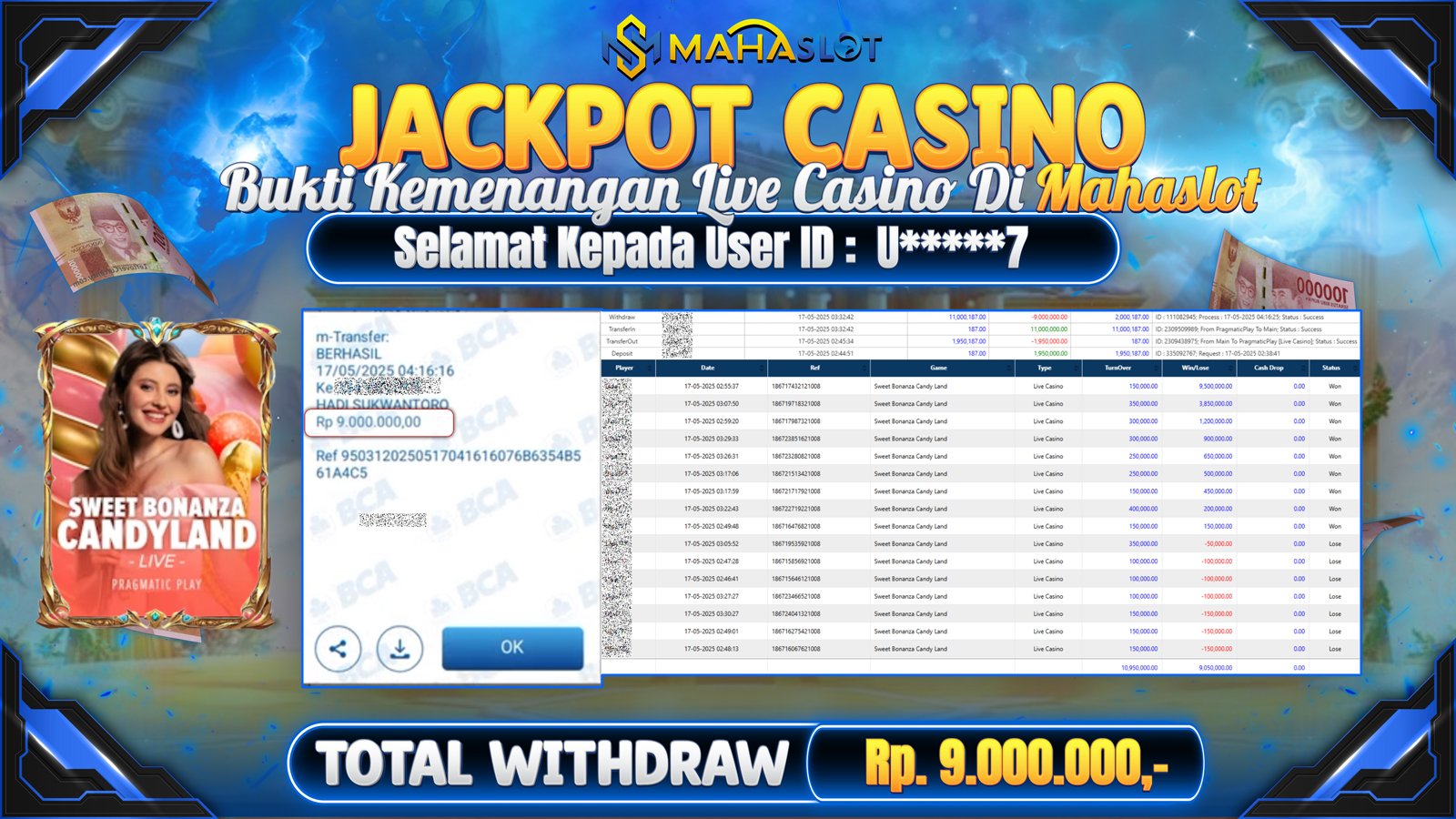 MAHASLOT JACKPOT LIVE CASINO SWEET BONANZA CANDYLAND Rp. 9.000.000,- LUNAS
