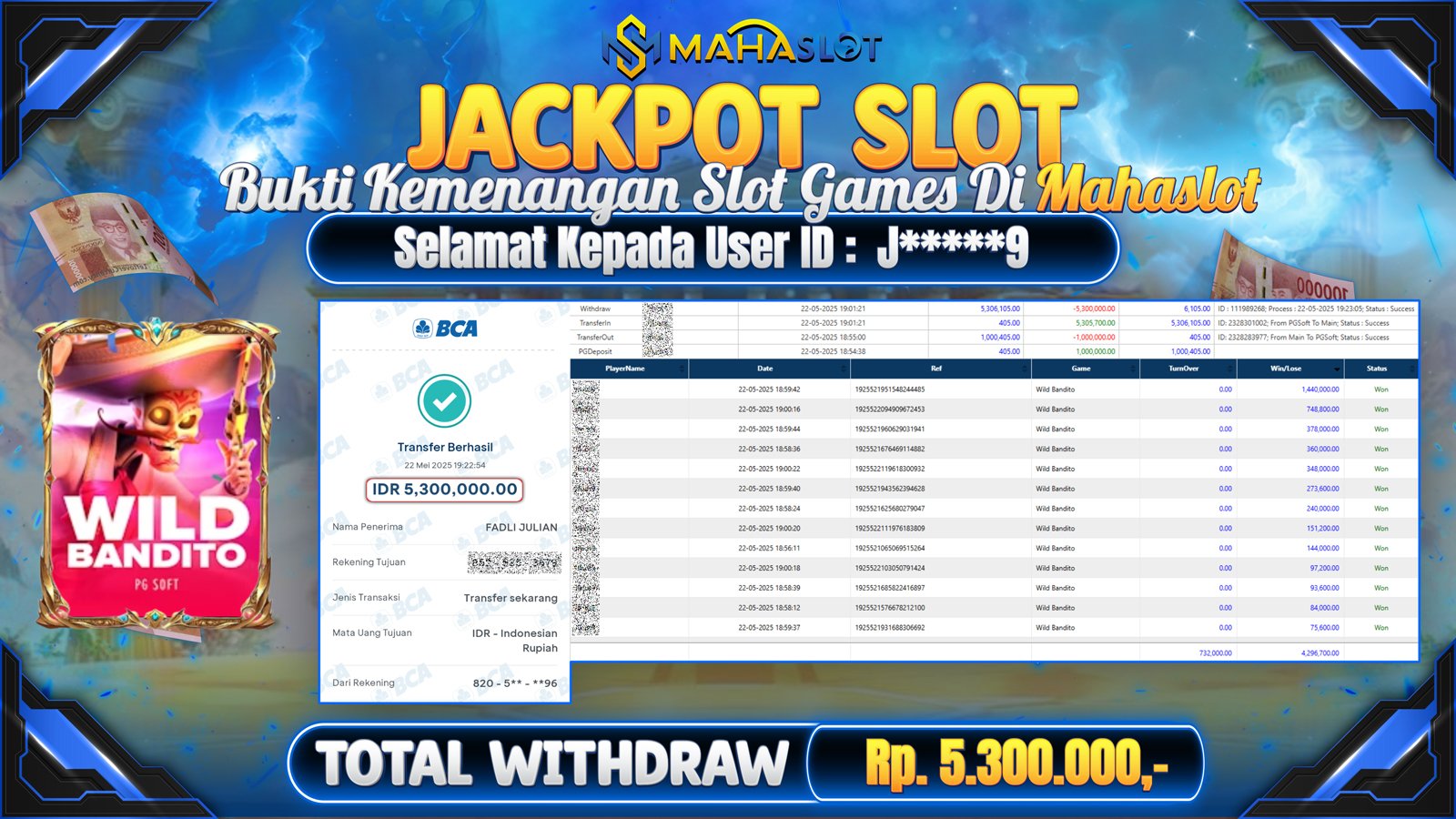 MAHASLOT JACKPOT SLOT WILD BANDITO Rp. 5.300.000,- LUNAS