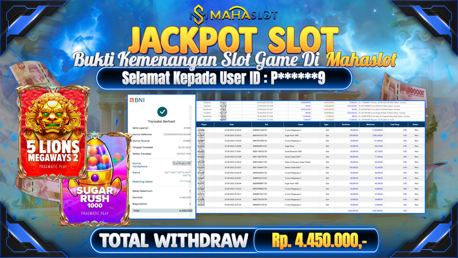 MAHASLOT JACKPOT SLOT GAMES 5 LIONS MEGAWAYS 2 & SUGAR RUSH 1000 Rp. 4.450.000,- LUNAS