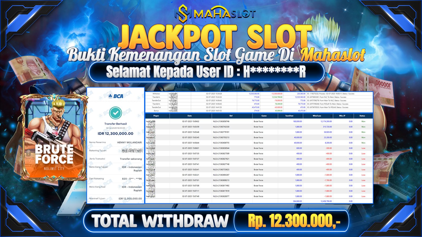 MAHASLOT JACKPOT SLOT NLC GAME BRUTE FORCE Rp. 12.300.000,- LUNAS
