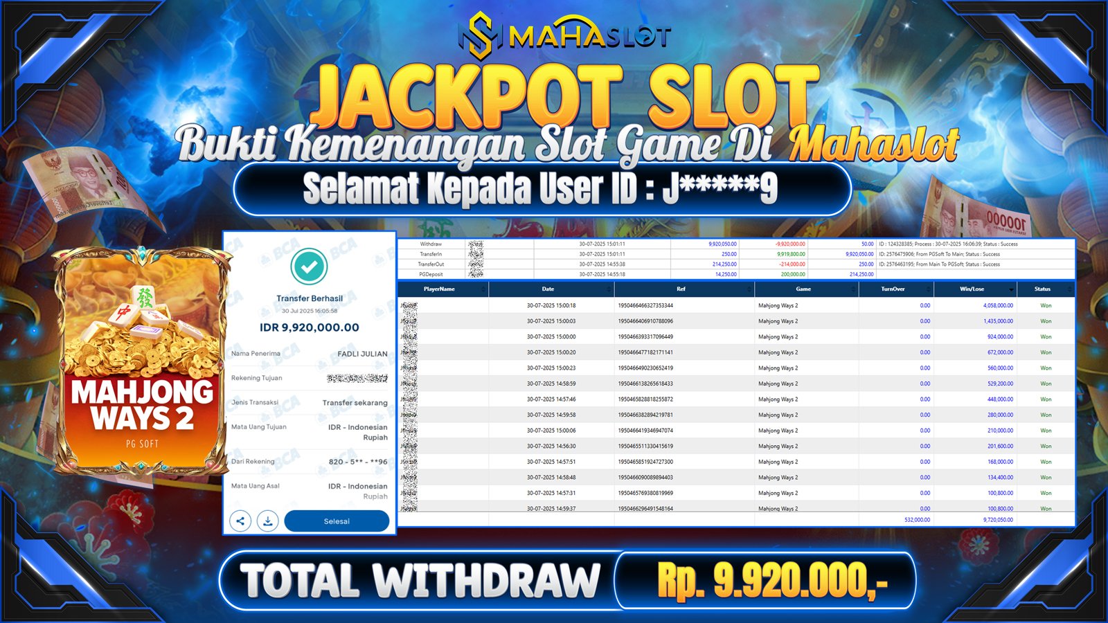 MAHASLOT JACKPOT SLOT GAME MAHJONG WAYS 2 Rp. 9.920.000,- LUNAS