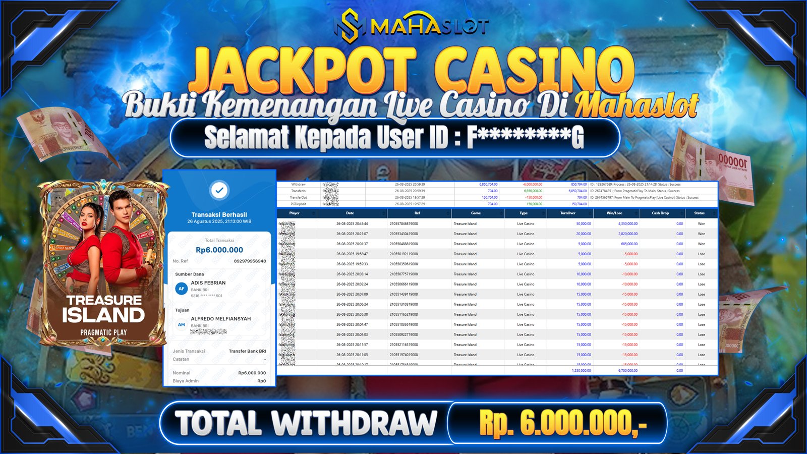 MAHASLOT JACKPOT LIVE CASINO TREASURE ISLAND Rp. 6.000.000,- LUNAS