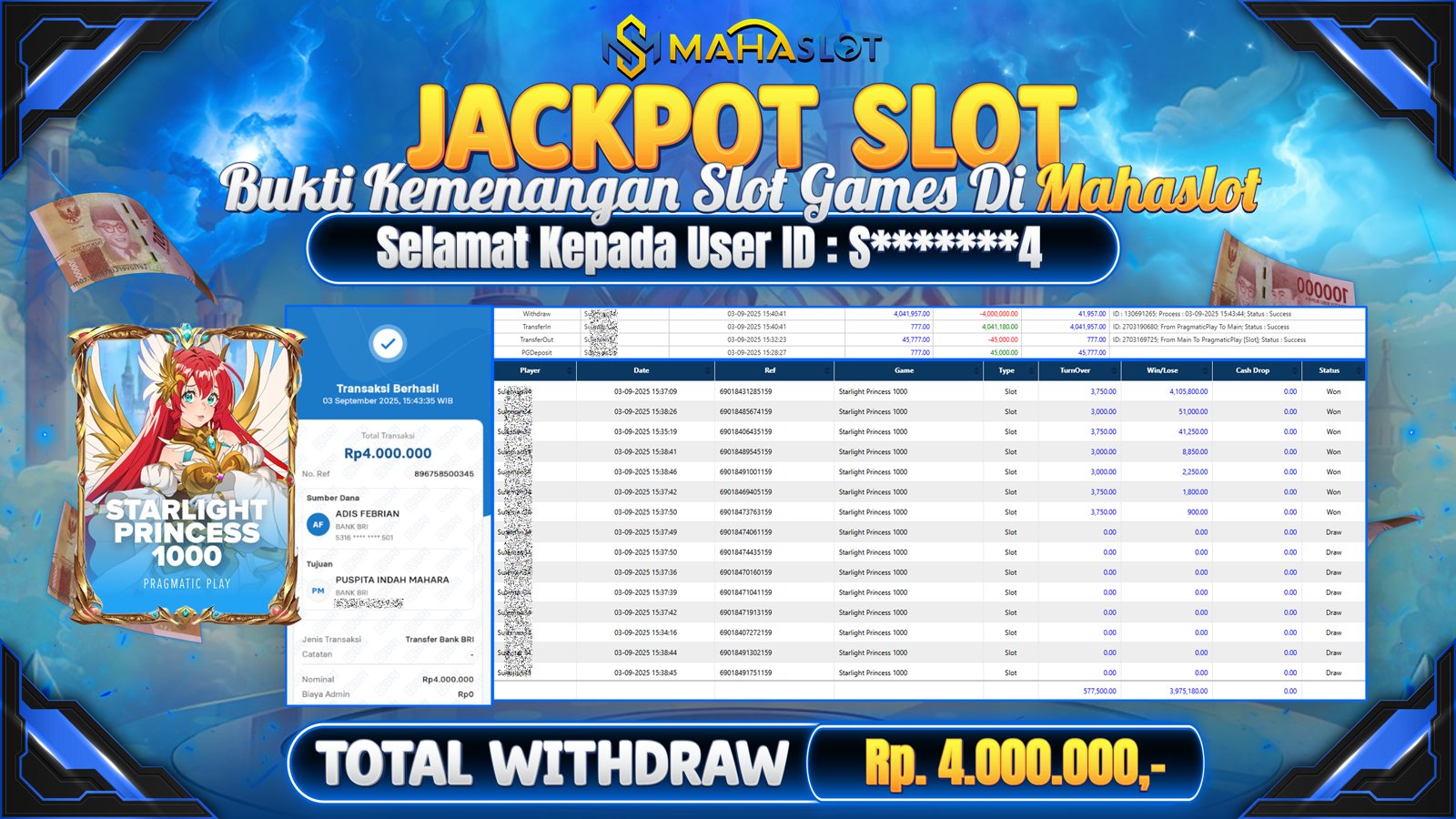 MAHASLOT JACKPOT SLOT GAME STARLIGHT PRINCESS 1000 Rp. 4.000.000,- LUNAS