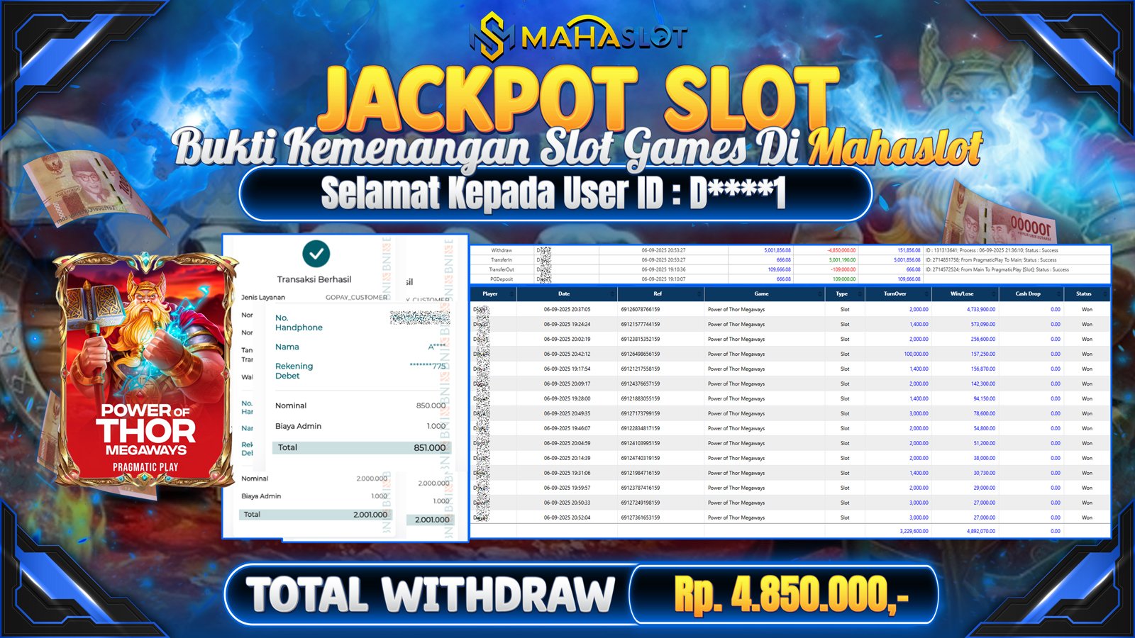 MAHASLOT JACKPOT SLOT GAME POWER OF THOR MEGAWAYS Rp. 4.850.000,- LUNAS