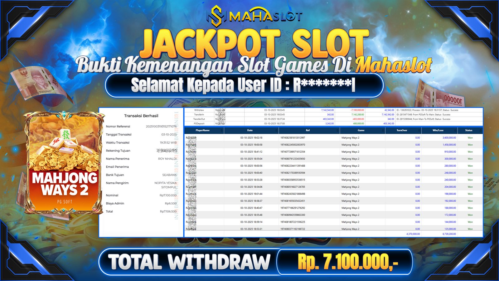 MAHASLOT JACKPOT SLOT GAME MAHJONG WAYS 2 Rp. 7.100.000,- LUNAS