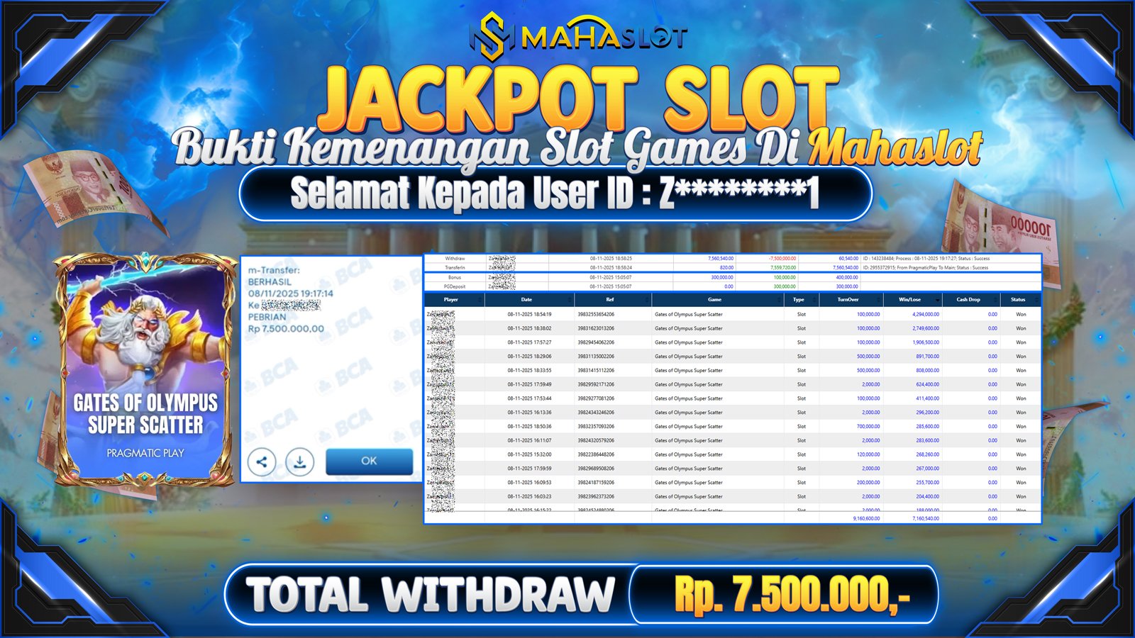 MAHASLOT JACKPOT SLOT GAME GATES OF OLYMPUS SUPER SCATTER Rp. 7.500.000,- LUNAS