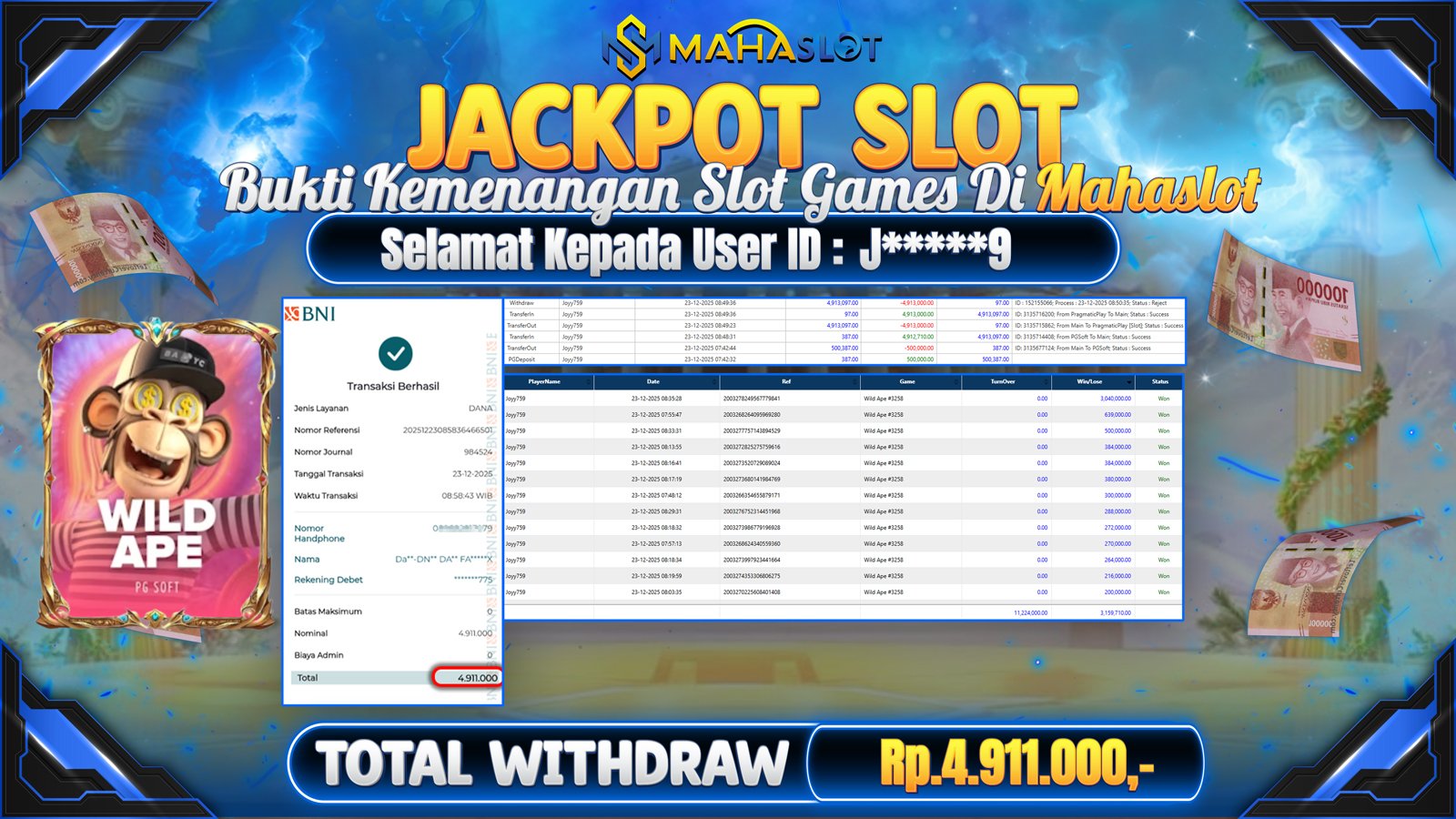 MAHASLOT JACKPOT SLOT GAME WILD APE Rp. 4.911.000,- LUNAS