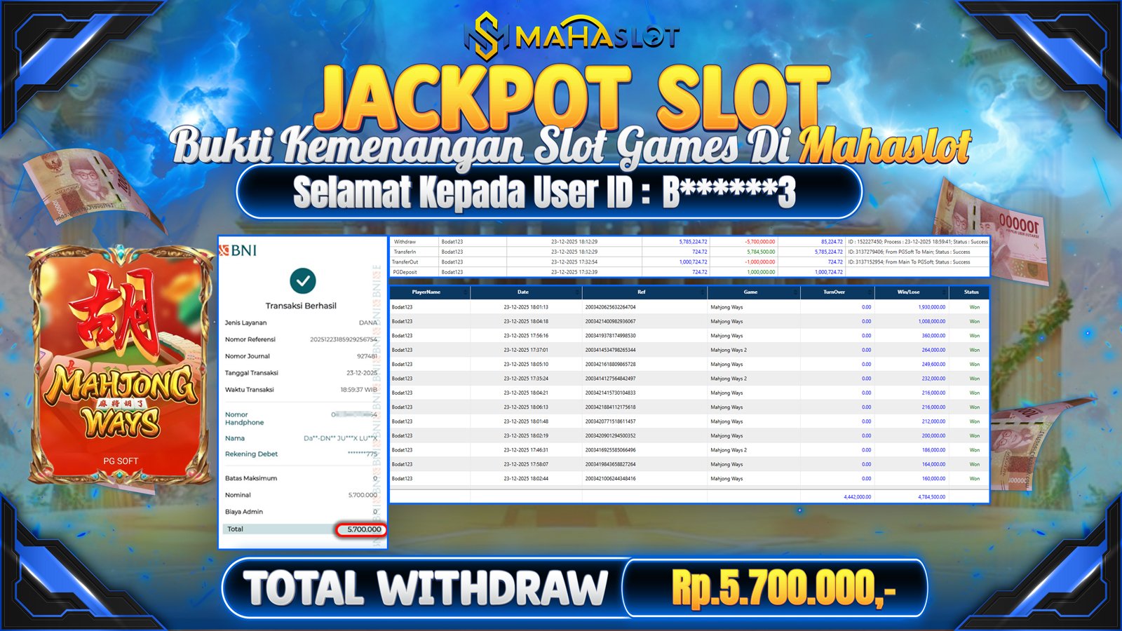 MAHASLOT JACKPOT SLOT GAME MAHJONG WAYS Rp. 5.700.000,- LUNAS