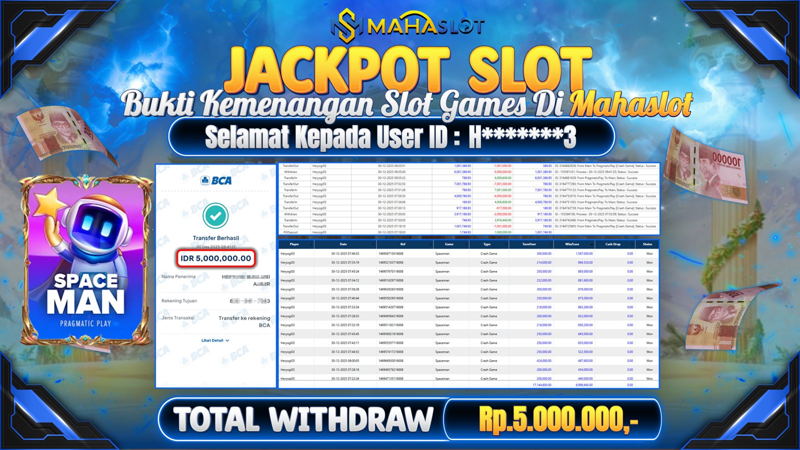 MAHASLOT JACKPOT SLOT GAME SPACEMAN Rp. 5.000.000,- LUNAS