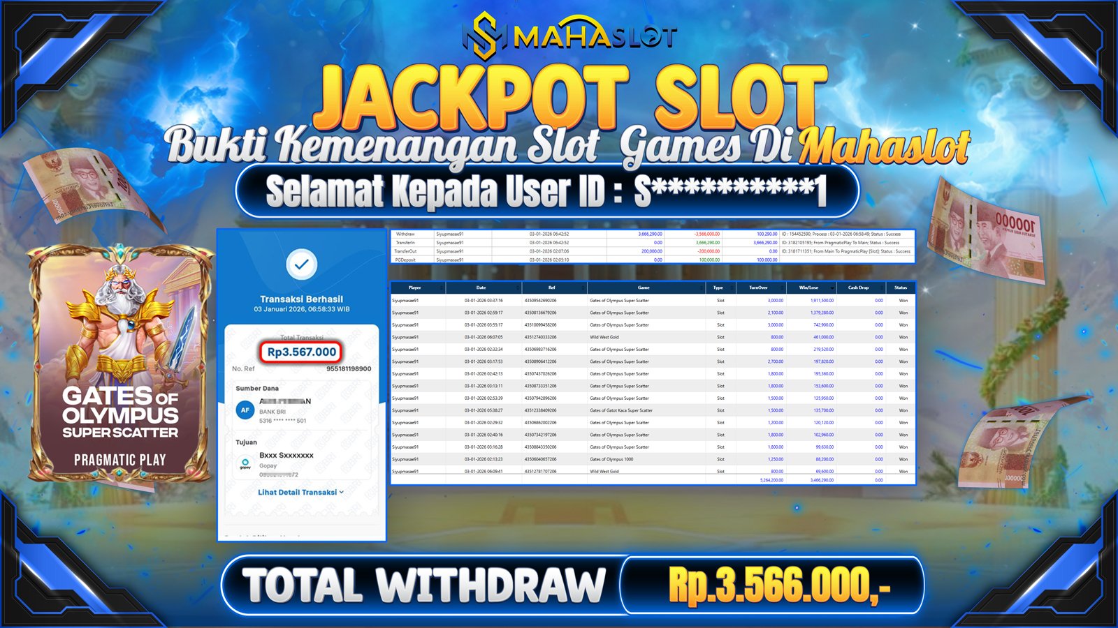 MAHASLOT JACKPOT SLOT GAME GATES OF OLYMPUS SUPERSCATTER Rp. 3.566.000,- LUNAS