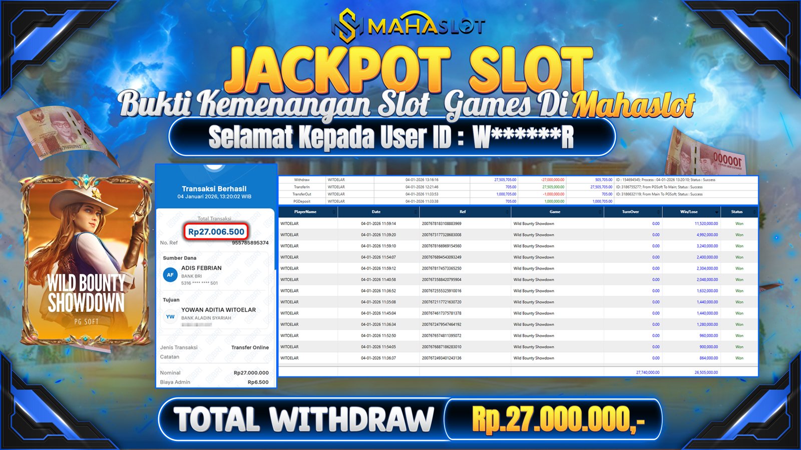 MAHASLOT JACKPOT SLOT GAME WILD BOUNTY SHOWDOWN Rp. 27.000.000,- LUNAS