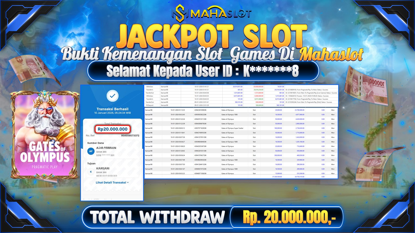 MAHASLOT JACKPOT SLOT GAME GATES OF OLYMPUS Rp. 20.000.000,- LUNAS