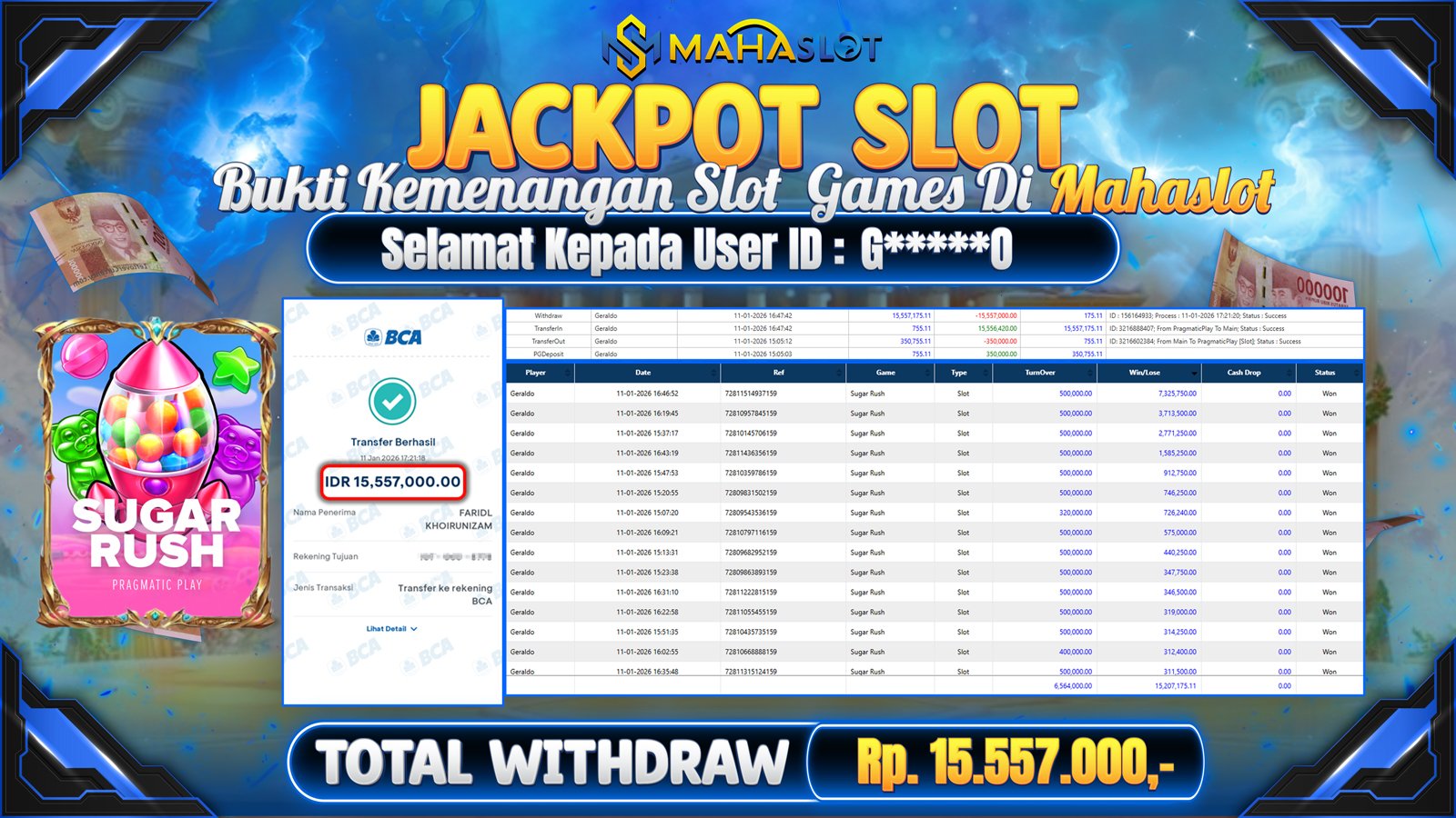 MAHASLOT JACKPOT SLOT SUGAR RUSH Rp. 15.557.000,- LUNAS