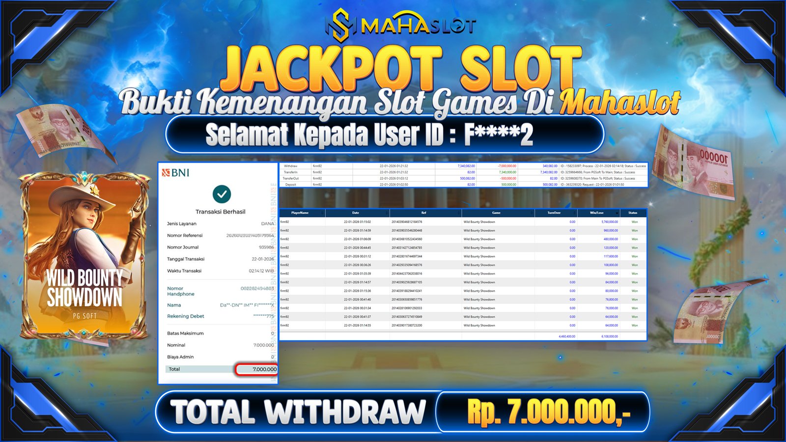 MAHASLOT JACKPOT SLOT WILD BOUNTY SHOWDOWN Rp. 7.000.000,- LUNAS