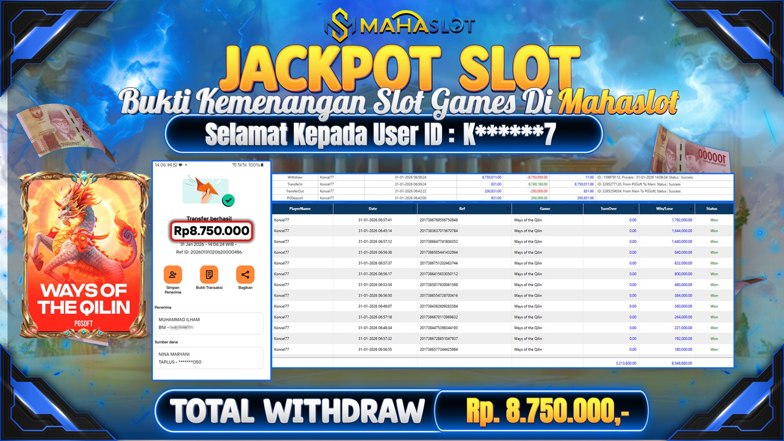 MAHASLOT JACKPOT SLOT GAME WAYS OF THE QILIN Rp. 8.750.000,- LUNAS