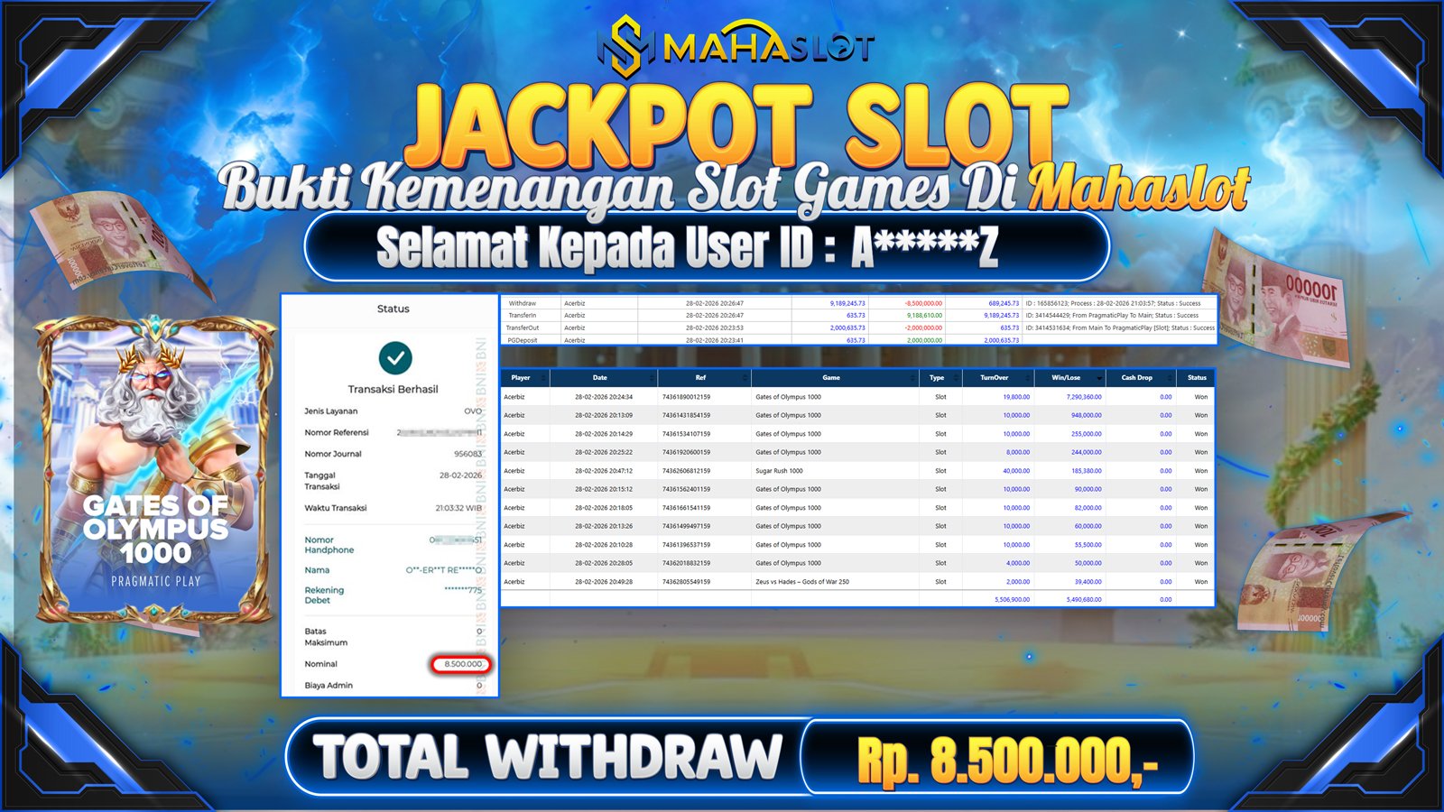 MAHASLOT JACKPOT SLOT GAME GATES OF OLYMPUS 1000 Rp. Rp.8.500.000,- LUNAS