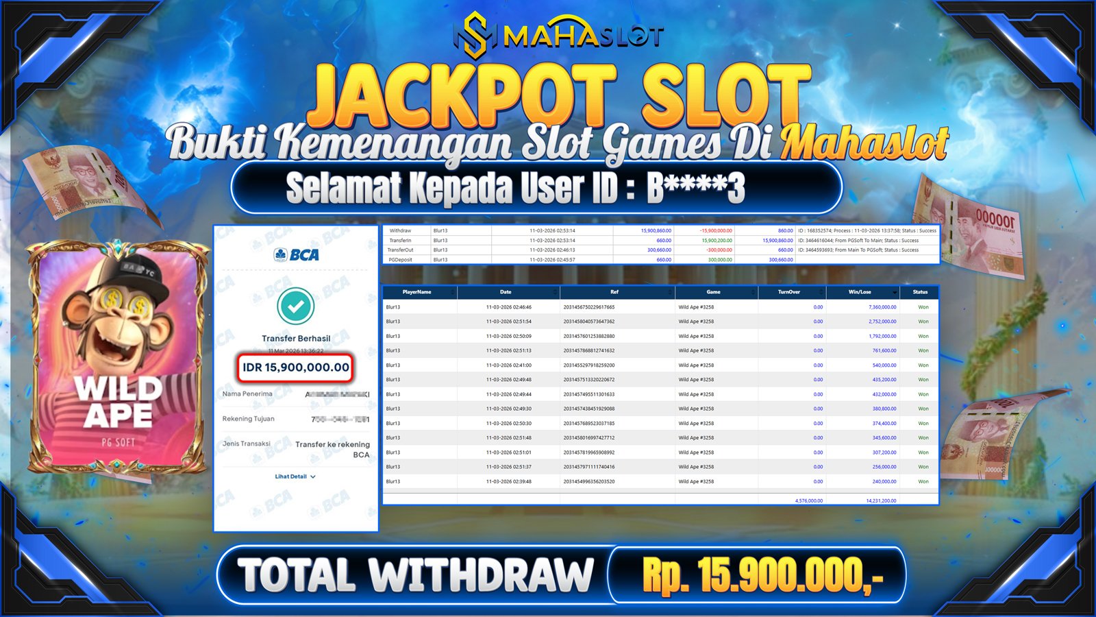 MAHASLOT JACKPOT SLOT GAME WILD APE Rp. Rp.15.900.000,- LUNAS